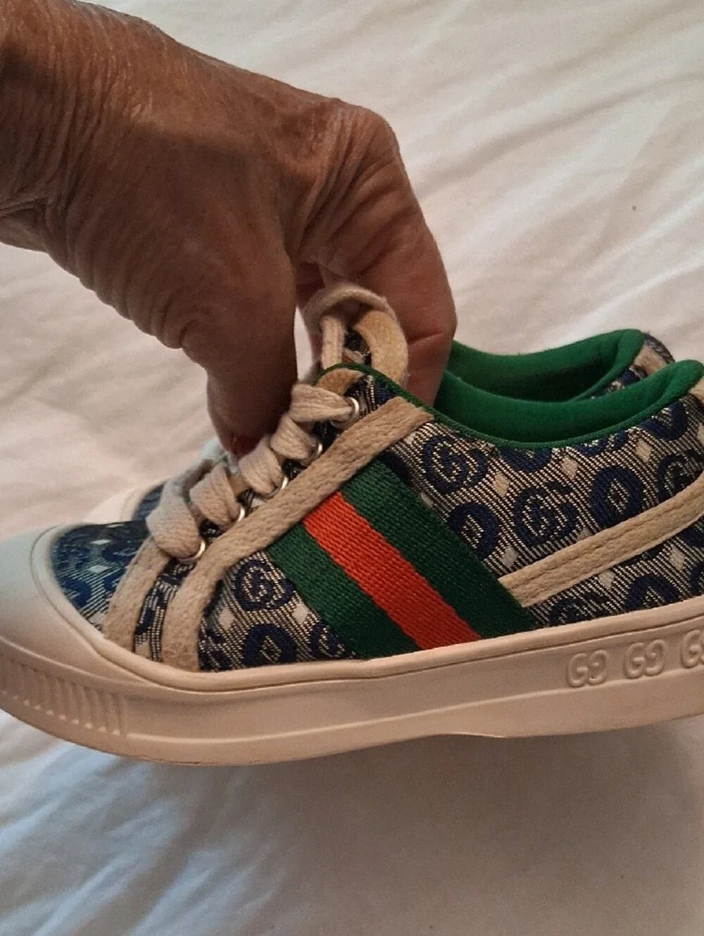Authentic Gucci Kids Blue Monogram Sneakers with Green & Red Stripe